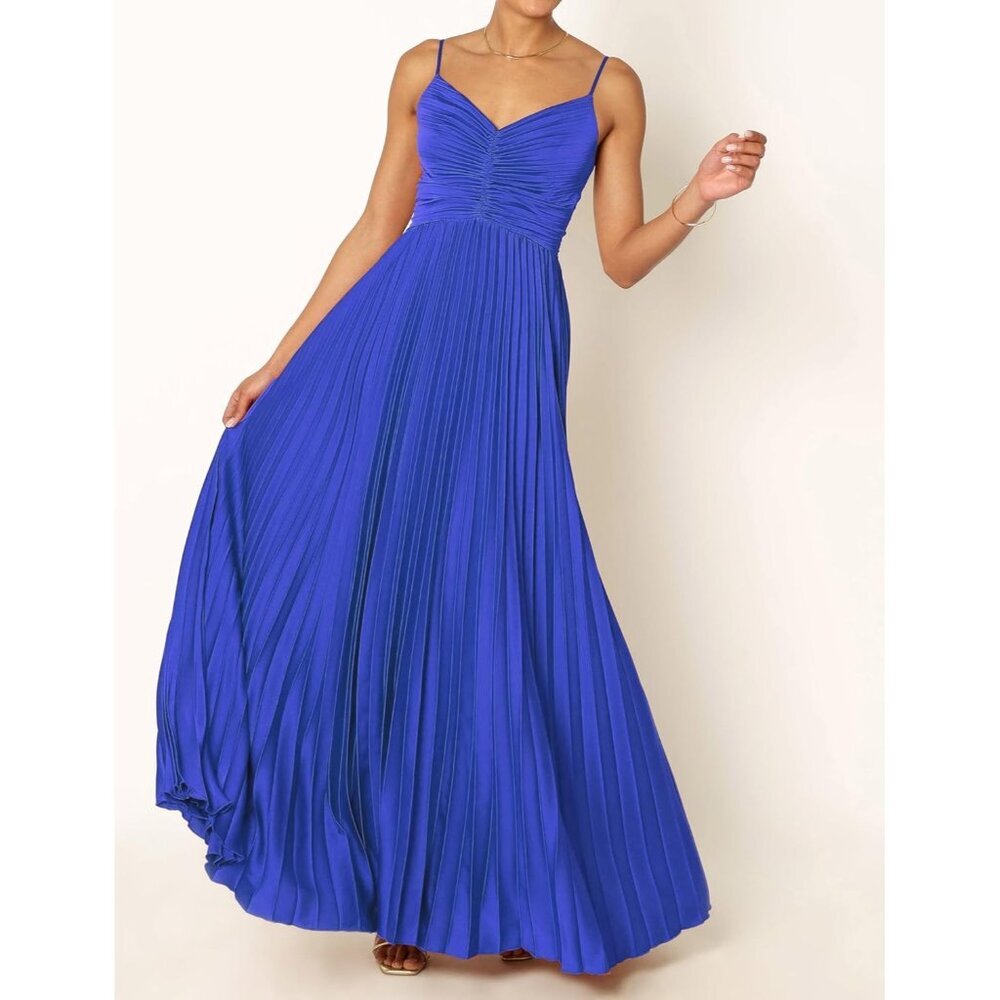 Women's A-blue Polyester Pleated Adjustable Spaghetti Strap Maxi Dress - Picture 3 of 4